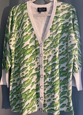 Bob Mackie Vintage Wearable Art Leopard Print Cardigan Sweater White Gree